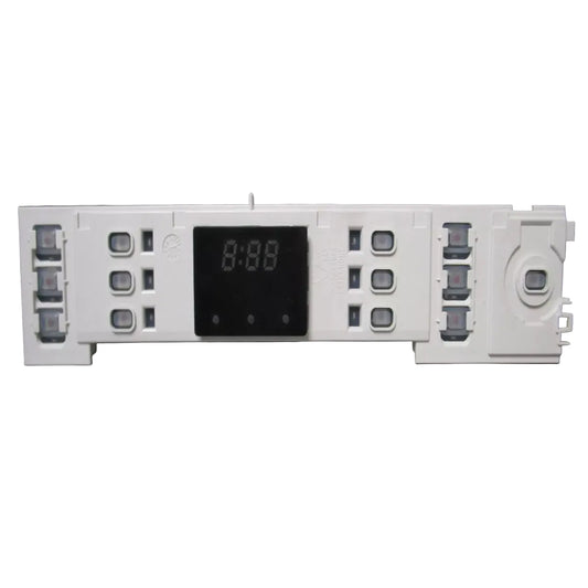 Control panel with digital display and buttons on a gray background
