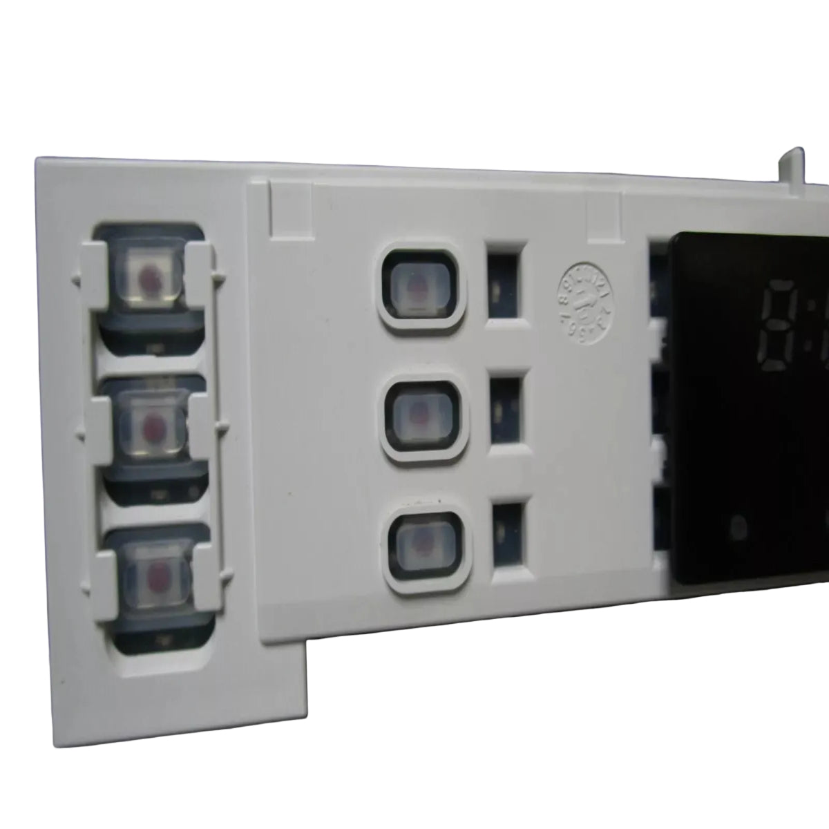 Control panel with digital display and buttons on a dark background