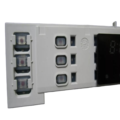 Control panel with digital display and buttons on a dark background