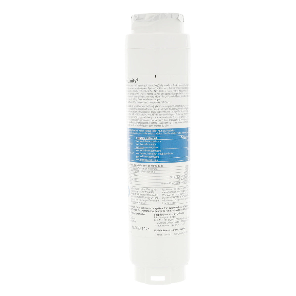 11034152 Bosch UltraClarity Refrigerator Water Filter, BORPLFTR10, RA450010, REPLFLTR10