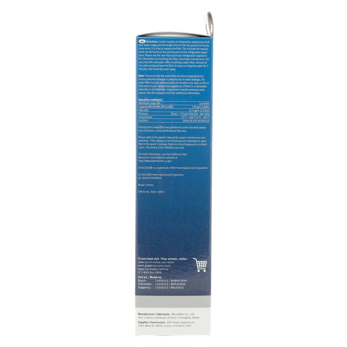 11034152 Bosch UltraClarity Refrigerator Water Filter, BORPLFTR10, RA450010, REPLFLTR10