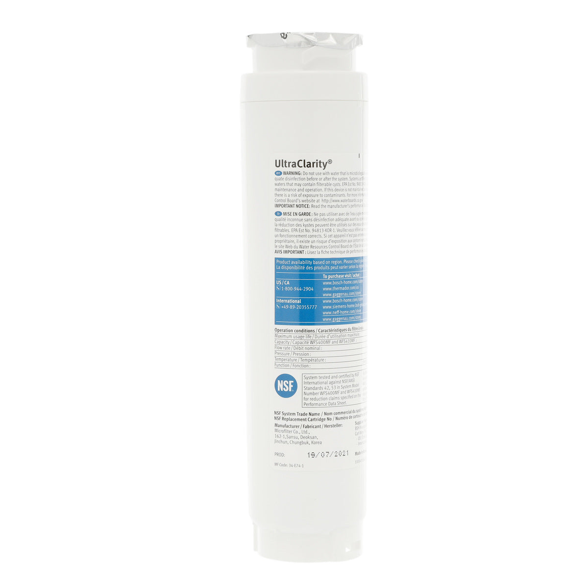 11034152 Bosch UltraClarity Refrigerator Water Filter, BORPLFTR10, RA450010, REPLFLTR10