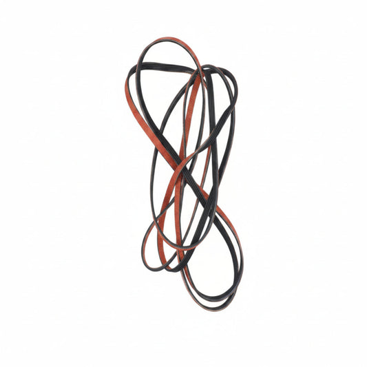 Coiled black and red rubber belt on a grid background