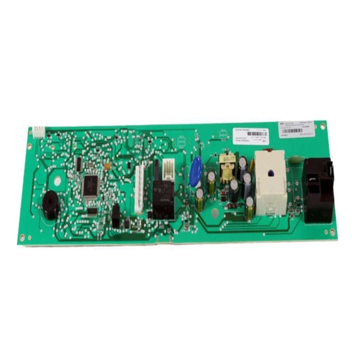 Electronic circuit board with various components on a white background