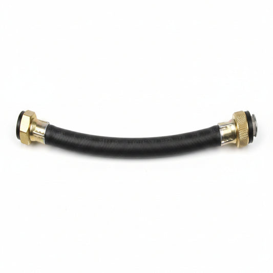 Black rubber hose with brass fittings on a grid background