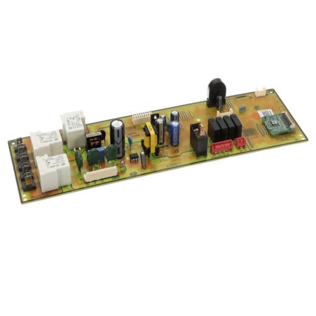 Electronic circuit board with various components on a white background