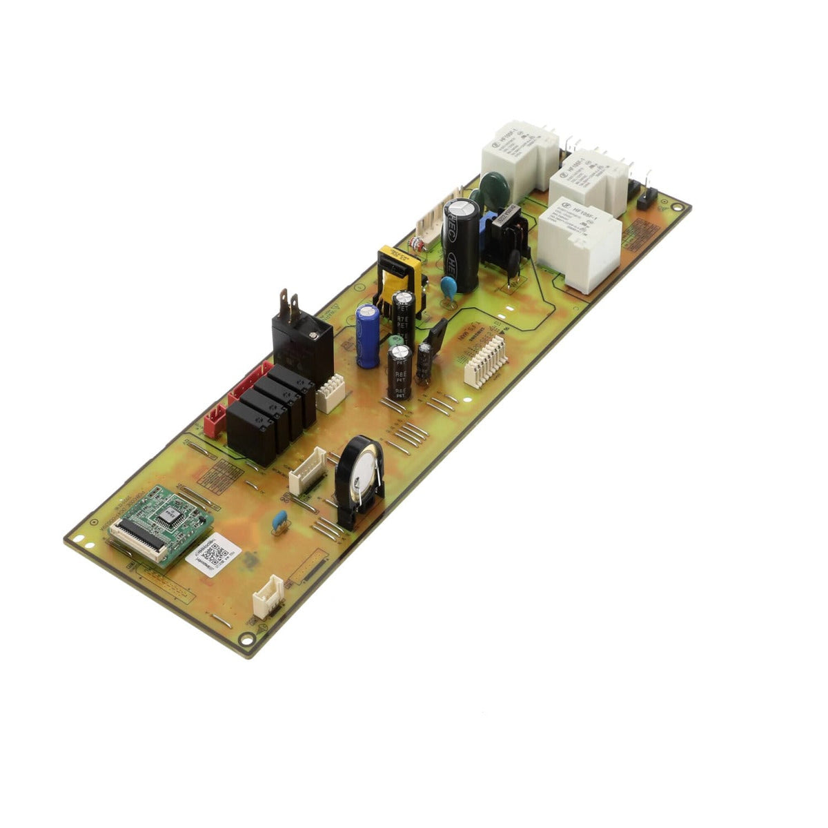 Electronic circuit board with various components on a white background