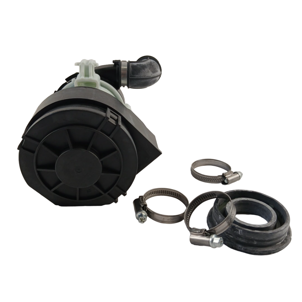 Black mechanical component with hoses and clamps on a white background