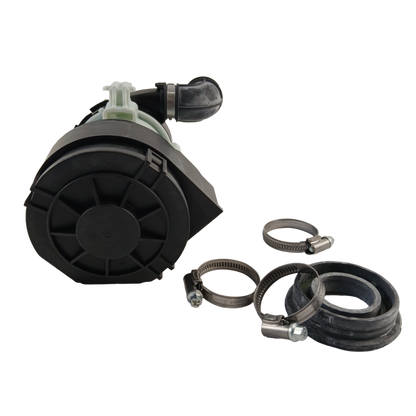 Black mechanical component with hoses and clamps on a white background