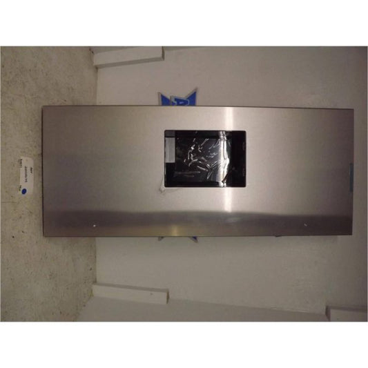 Stainless steel refrigerator with a small window on a plain background