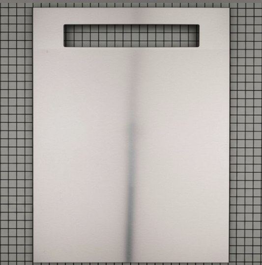 Rectangular shower pan with grid pattern on a tiled wall