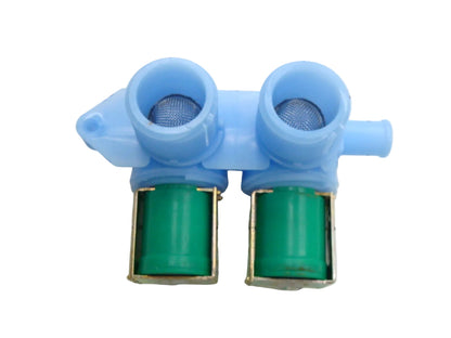 Blue plastic valve with two green cylindrical components on a grid background