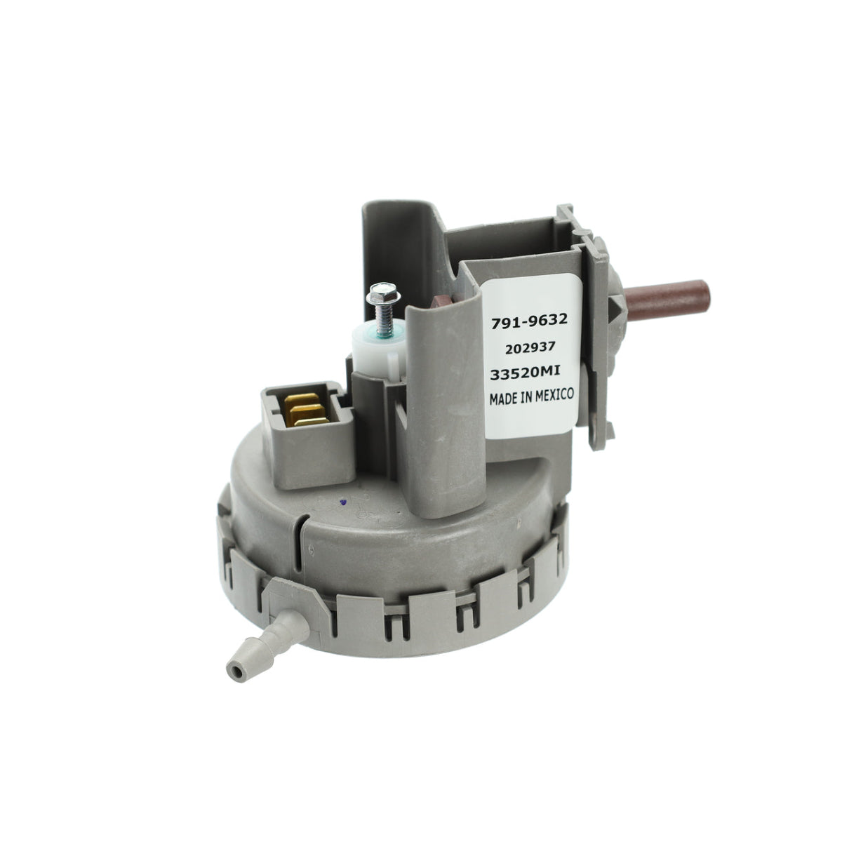Mechanical component with a label on a white background