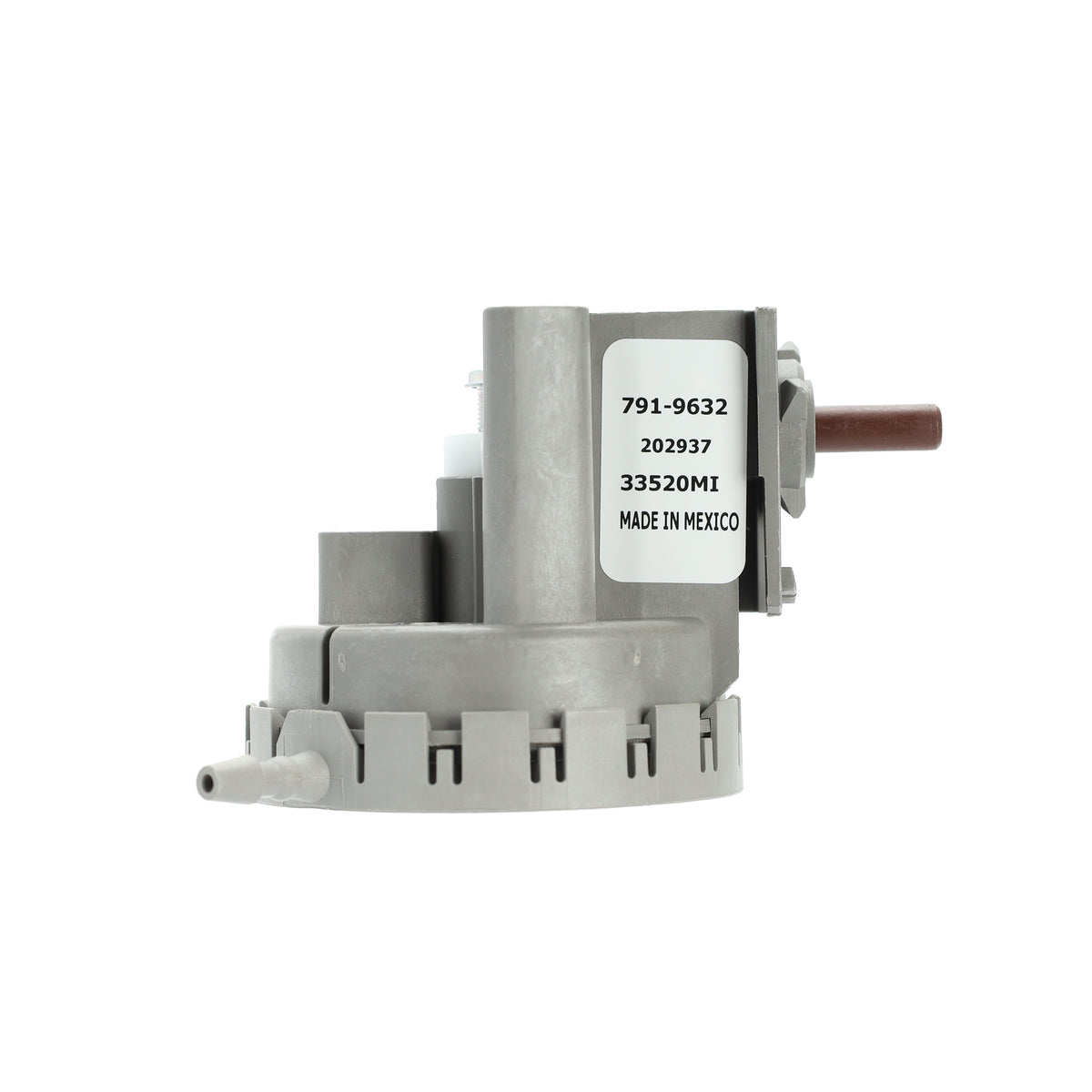 Mechanical component with a label on a white background