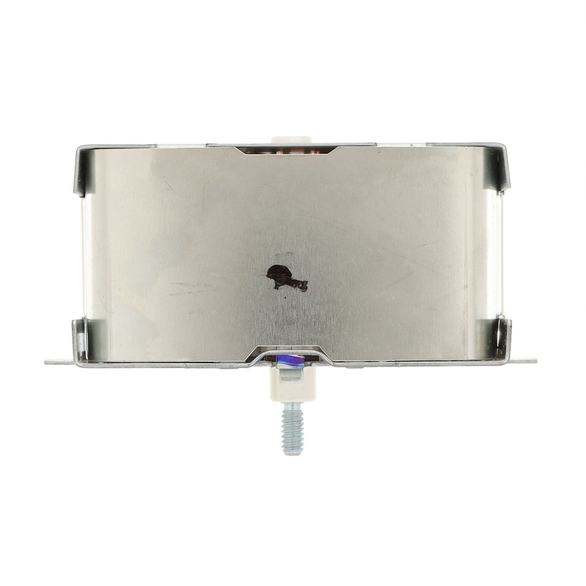 Metallic cylindrical component with a screw on a white background