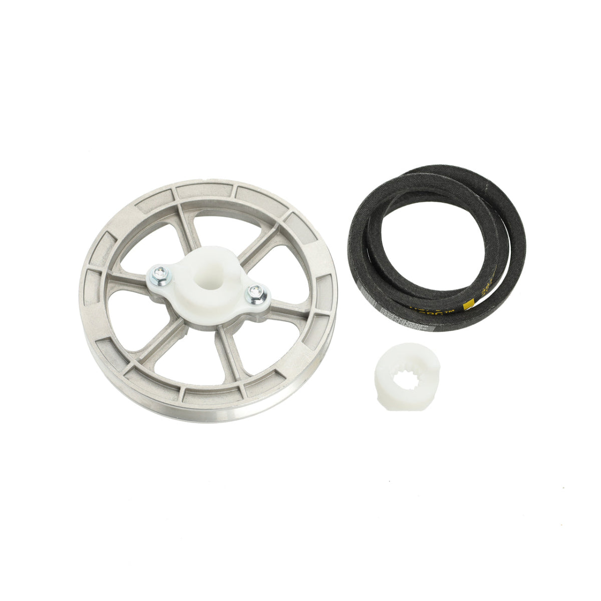 Mechanical parts including a wheel, seal, and washer on a white background