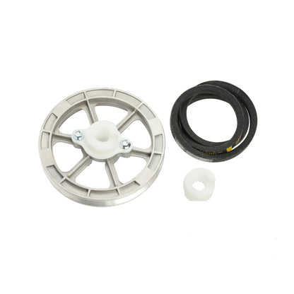 Mechanical parts including a wheel, seal, and washer on a white background