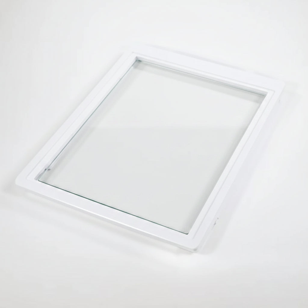 A square white plastic frame or border with a hollow center, shown at an angle on a plain white background.