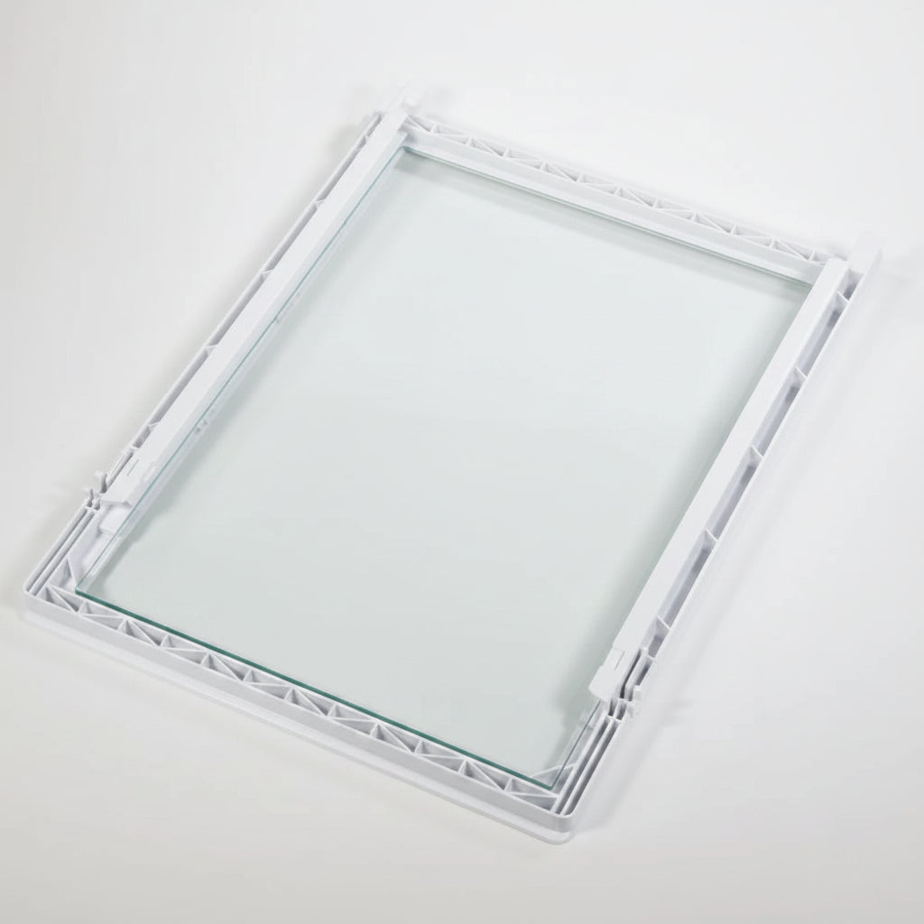 A white plastic rectangular frame or basket tray insert, photographed on a plain light background.