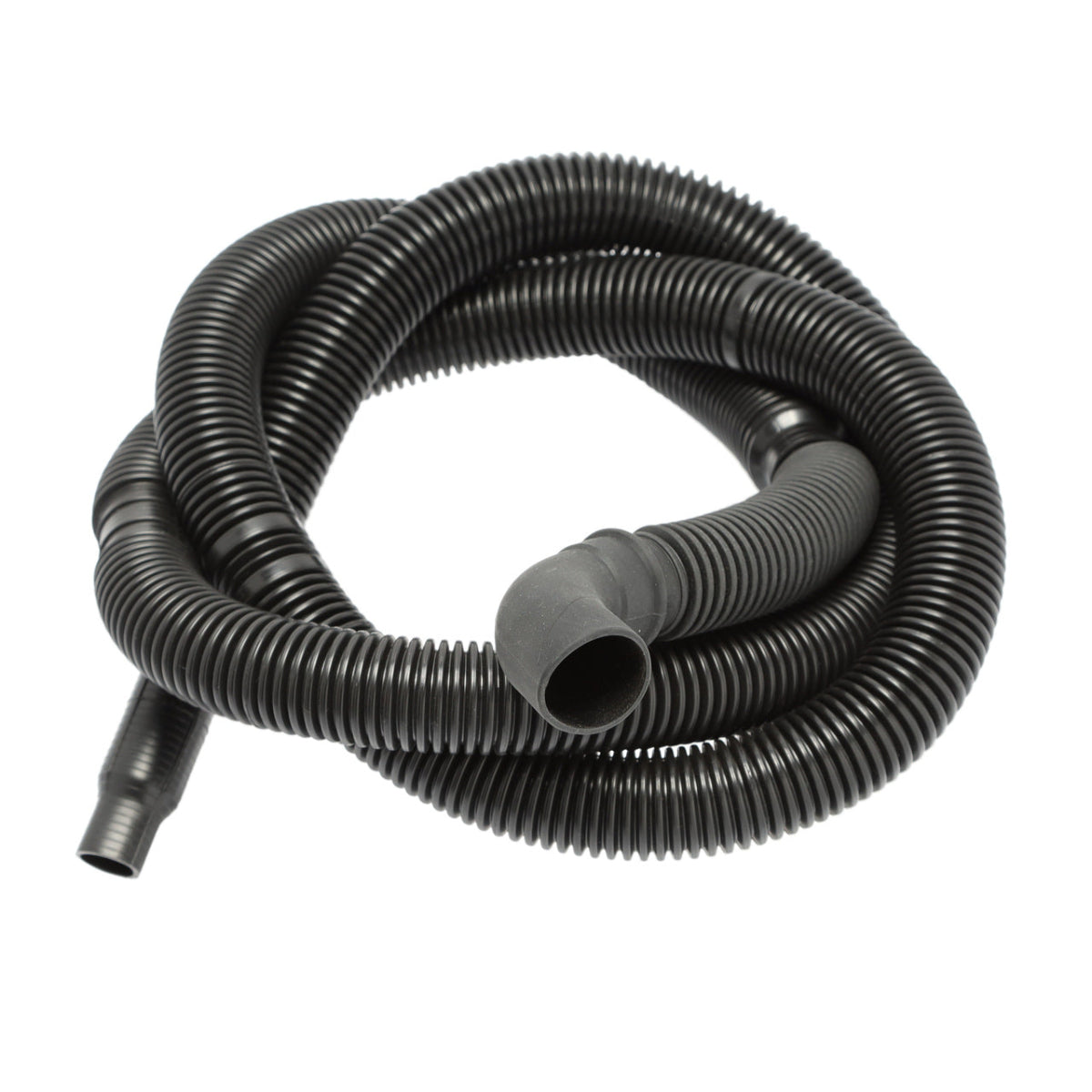 Coiled black vacuum hose on a white background