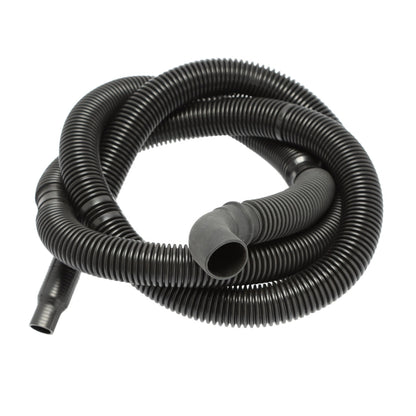 Coiled black vacuum hose on a white background