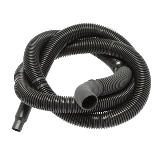 Coiled black vacuum hose on a white background