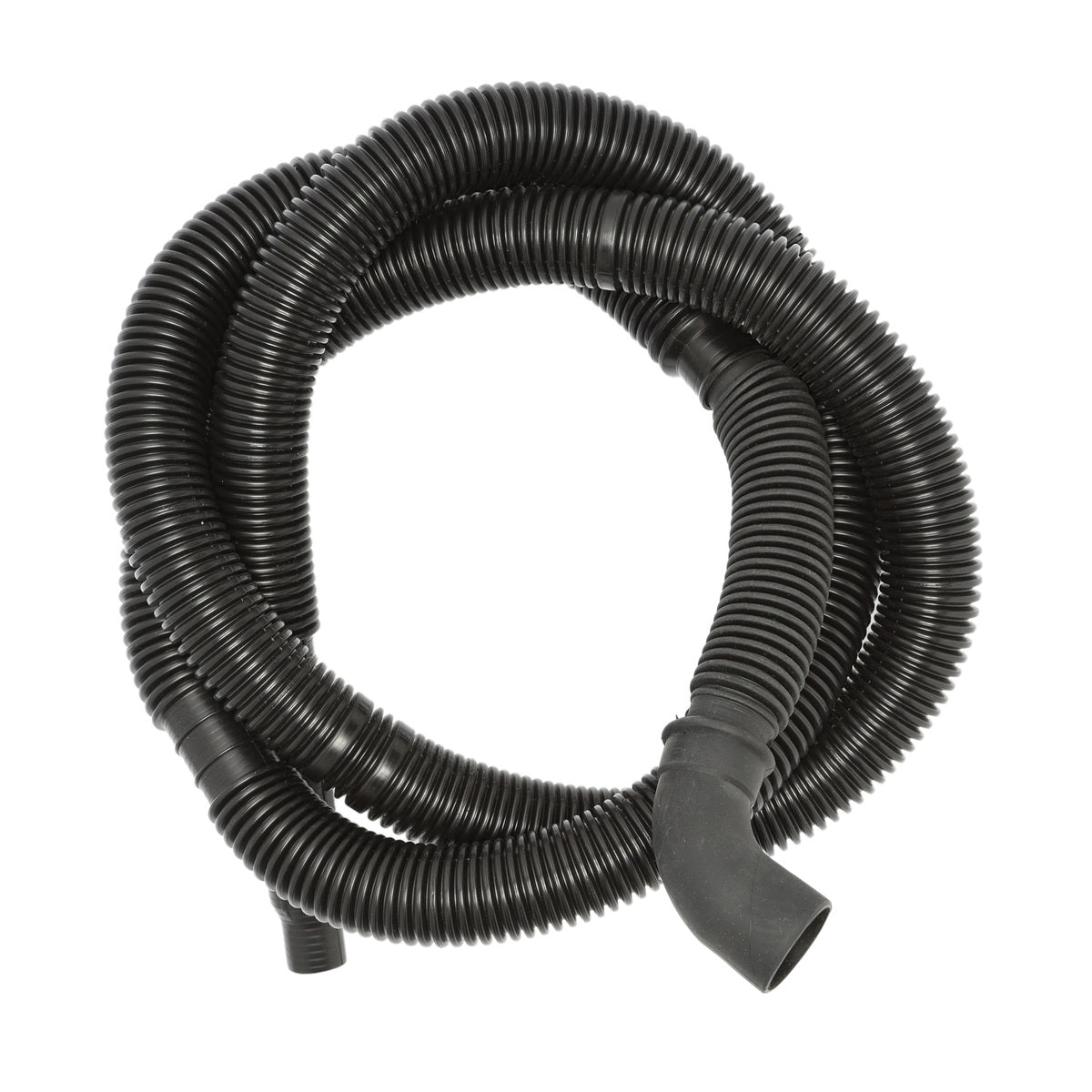 Coiled black plastic hose on a white background
