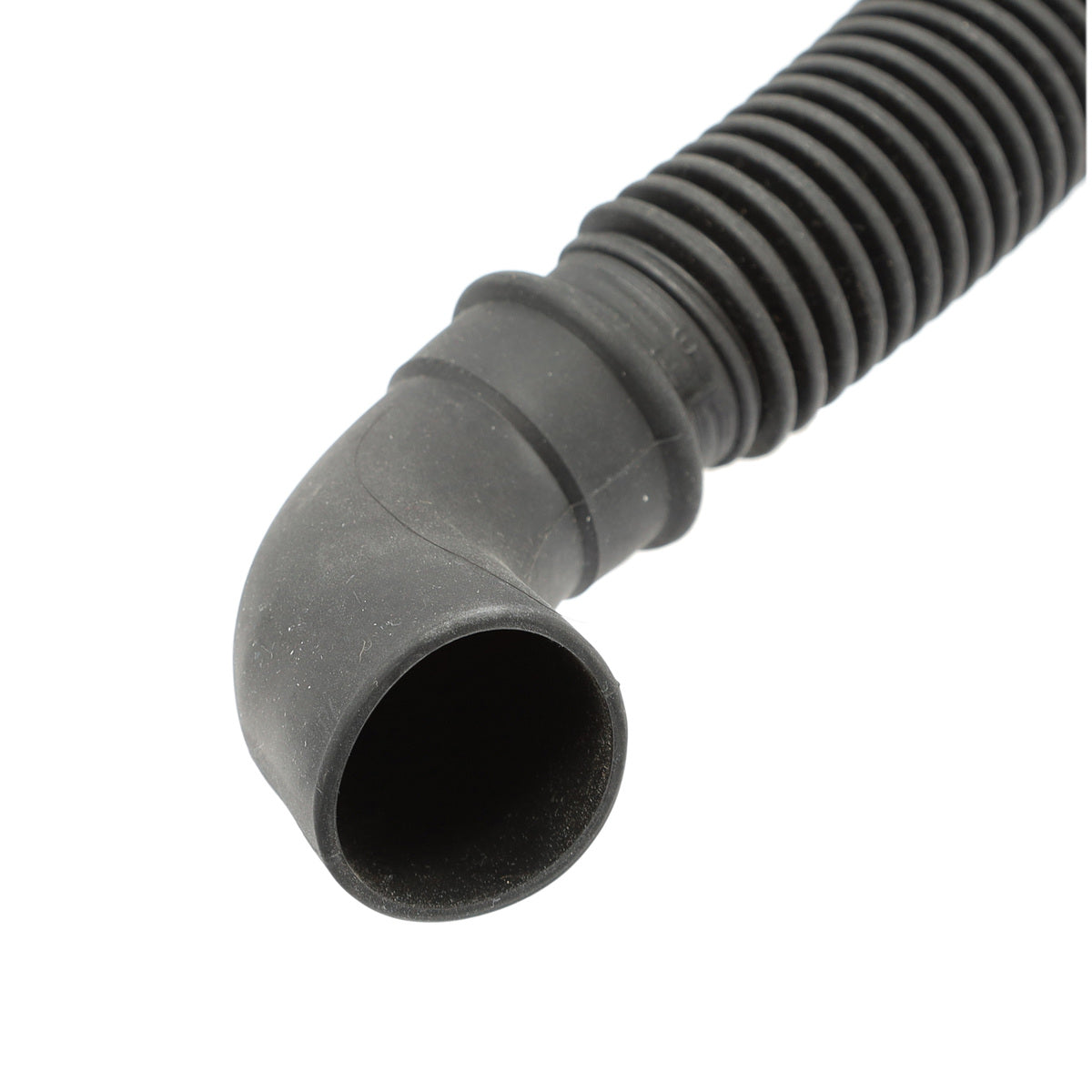 Black rubber hose with corrugated design on a white background