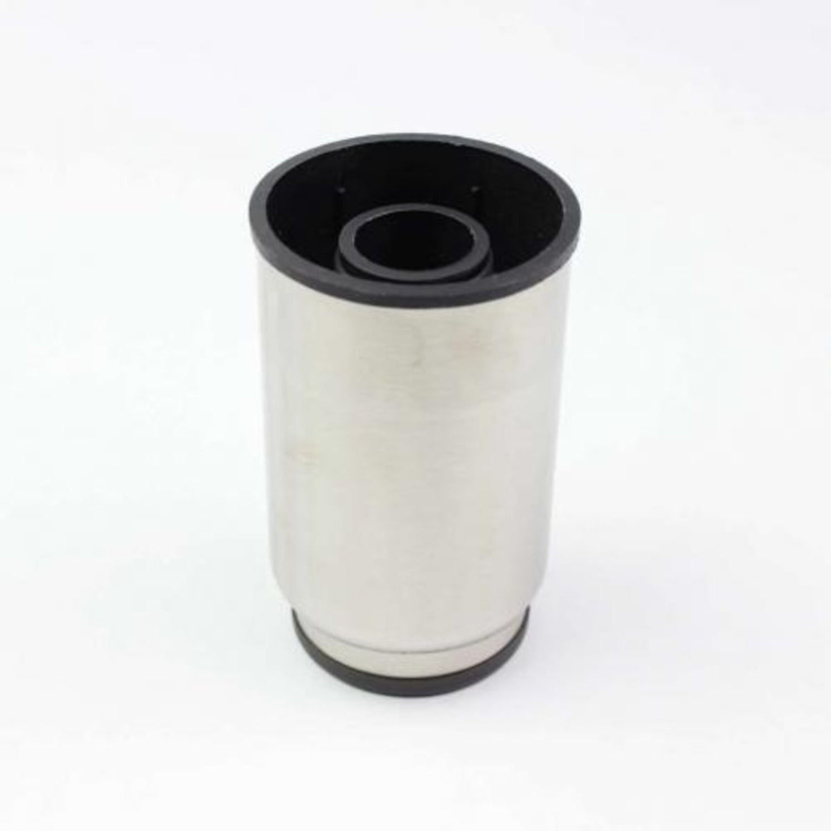 Metallic cylindrical object with black top and bottom on a white background