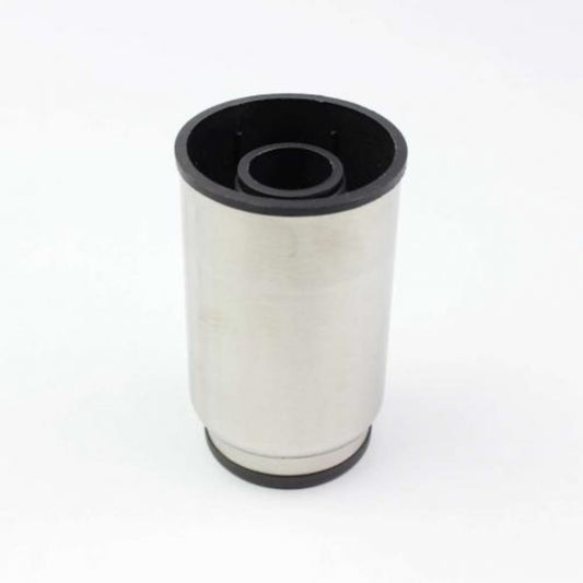 Metallic cylindrical object with black top and bottom on a white background