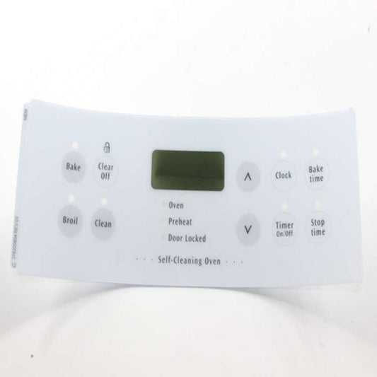 Control panel of a kitchen appliance with various buttons and a digital display on a white background.