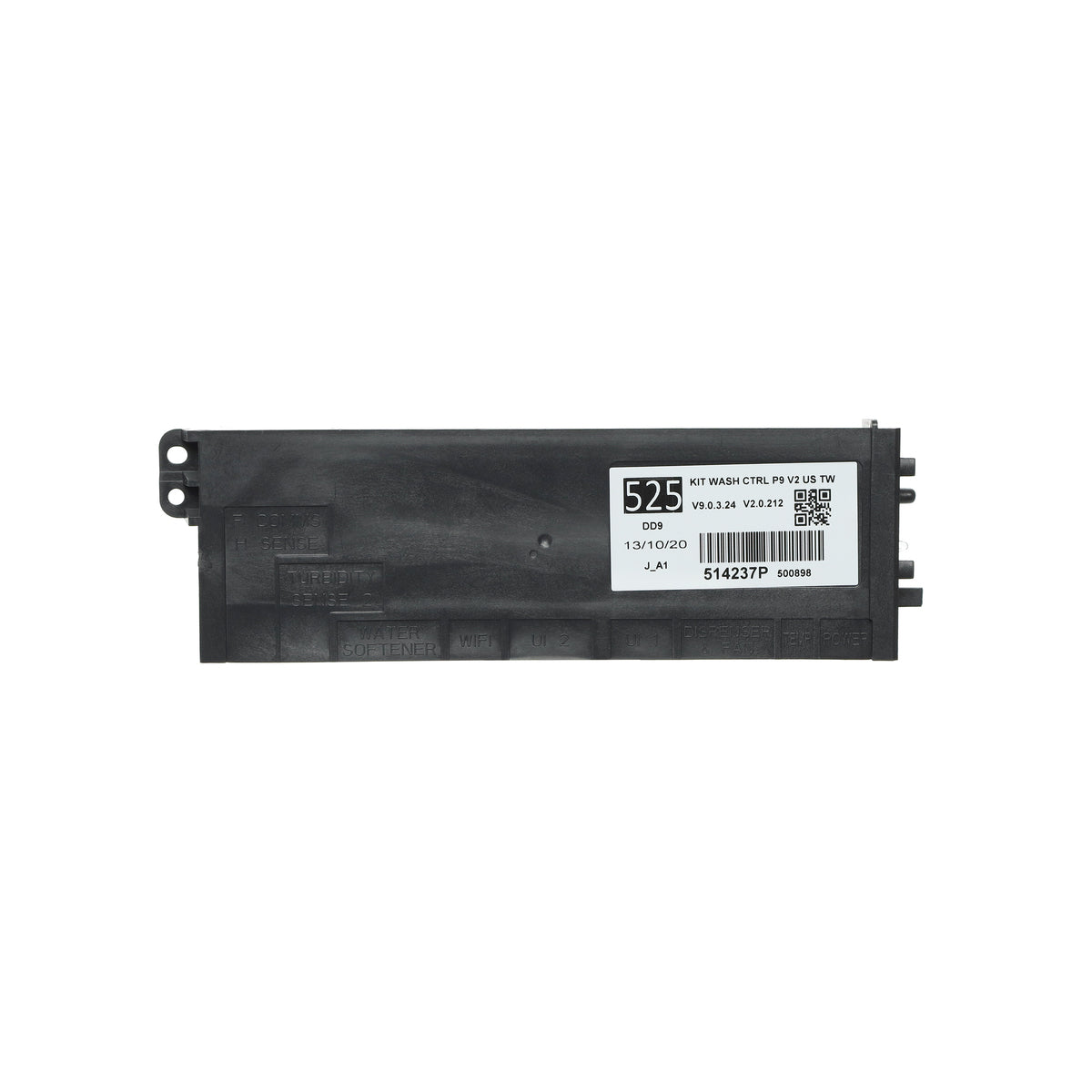 Black electronic module with a label on a white background