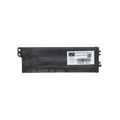 Black electronic module with a label on a white background