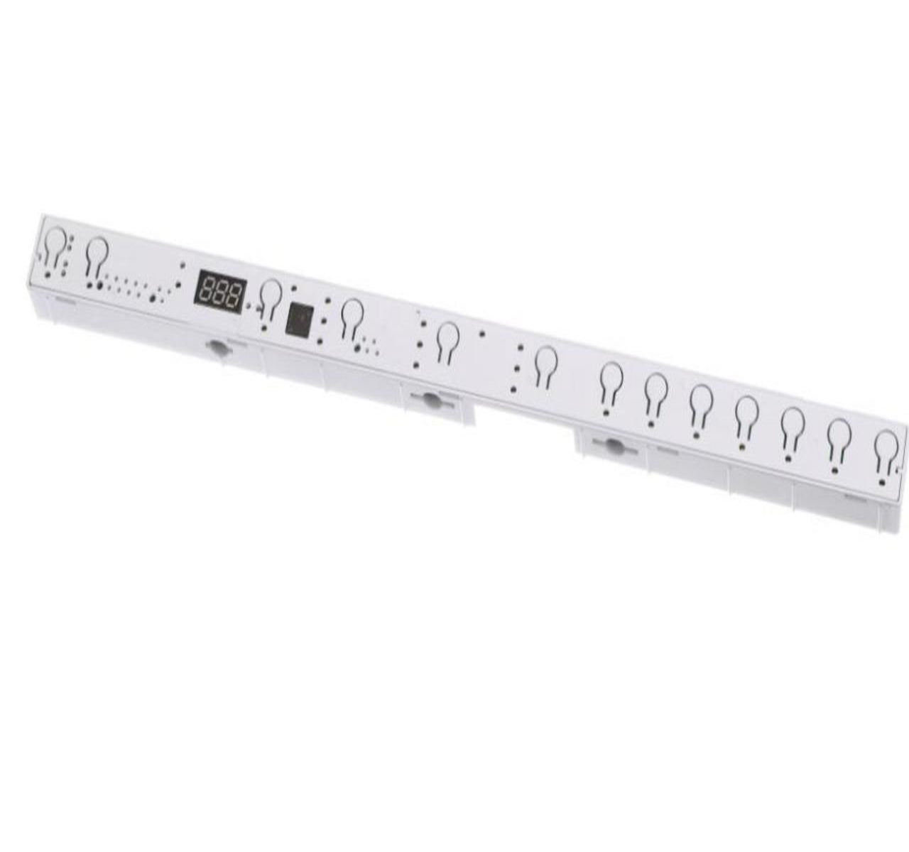 White electronic device with multiple sockets and indicator lights on a white background