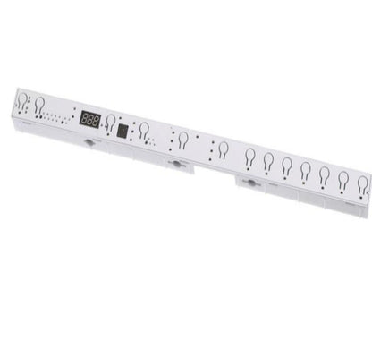 White electronic device with multiple sockets and indicator lights on a white background