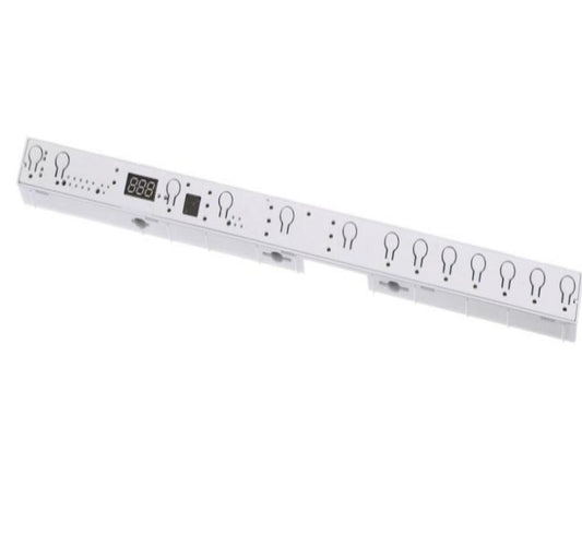 White electronic device with multiple sockets and indicator lights on a white background