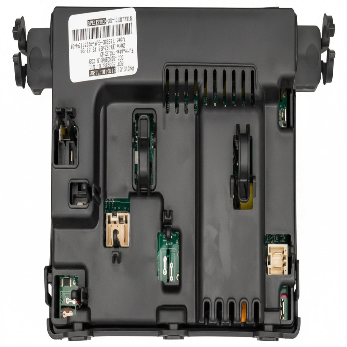 Electrical component with various connectors and a label on a grid background
