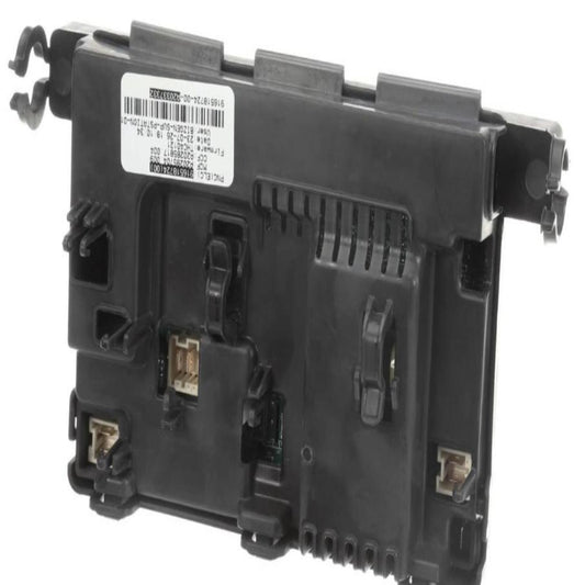 Black electronic component with a label on a white background