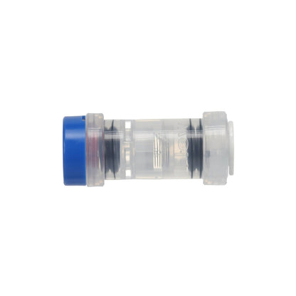 Clear plastic connector with blue cap on a white background