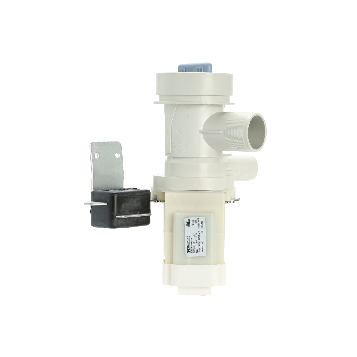 Mechanical component with cylindrical white part and black rectangular part on a white background