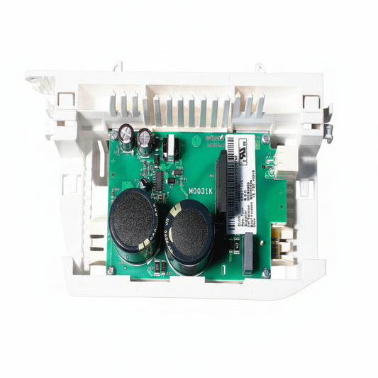 Electronic component with green circuit board and black components on a grid background