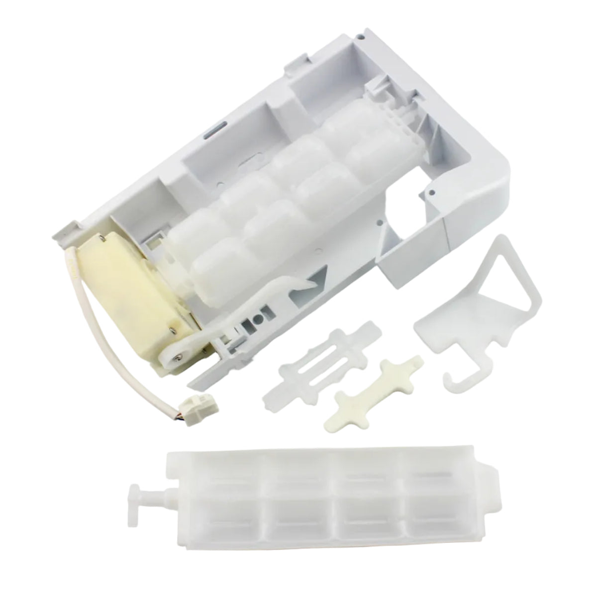 White plastic tool with various components on a light gray background