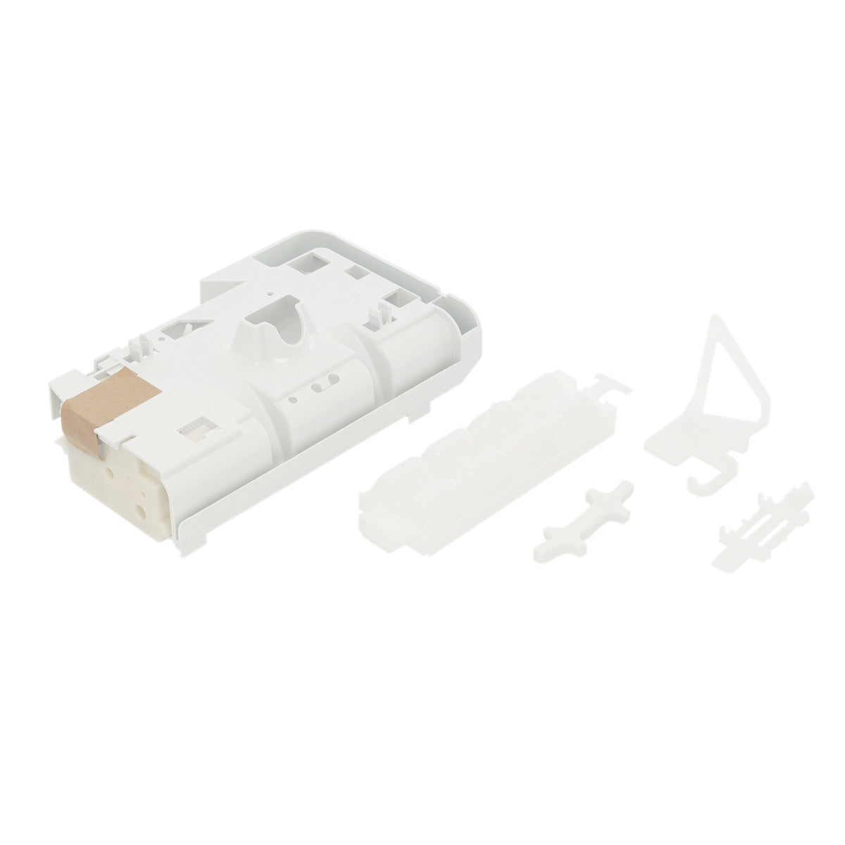 White plastic component with additional parts on a white background