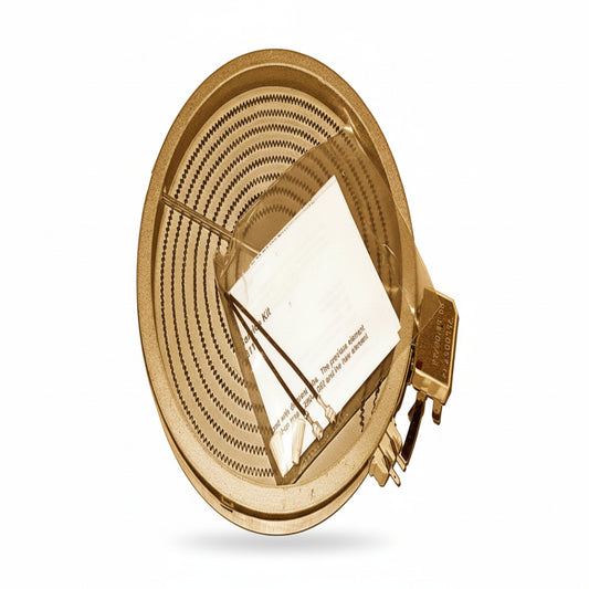 Round metal heating element with a label on a white background