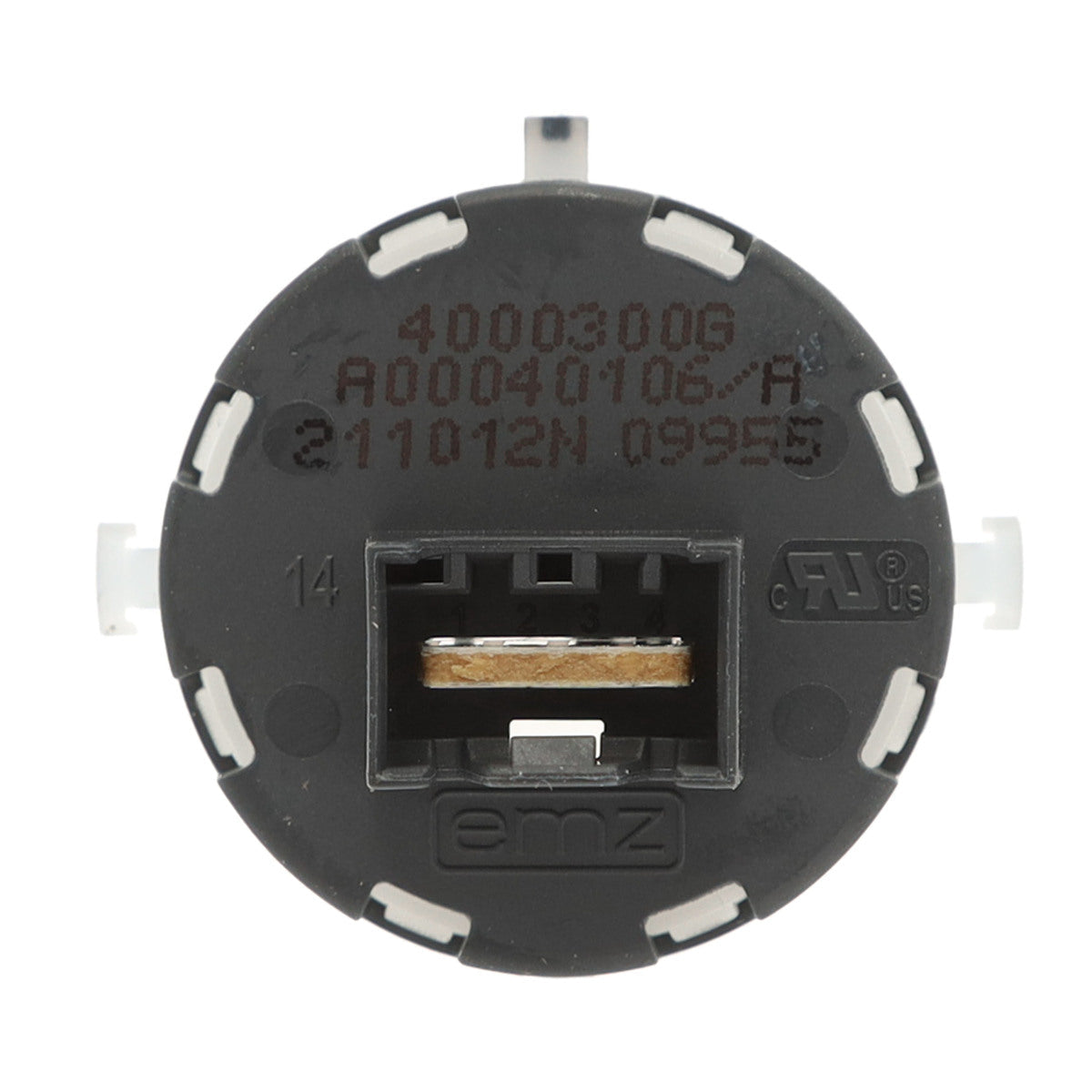 Black mechanical component with 'emz' branding on a white background