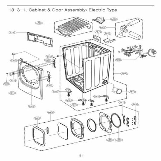 Technical diagram of a cabinet and door assembly for an electric type, with labeled parts on a white background.