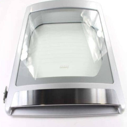 Metallic pet door with clear plastic flap on a white background