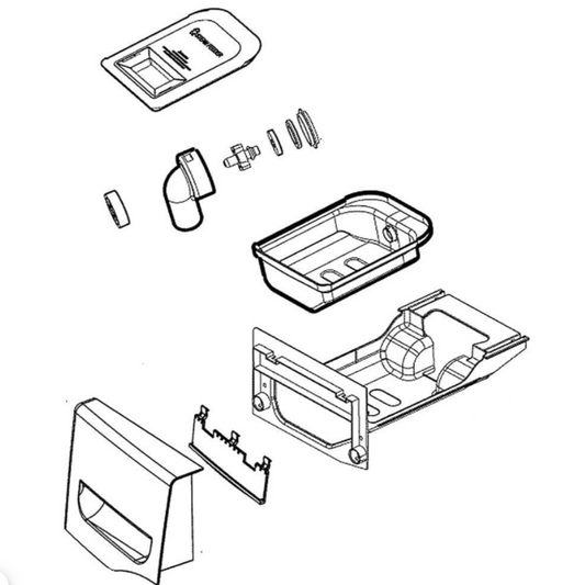 Technical diagram of a robot vacuum cleaner with exploded view parts on a white background