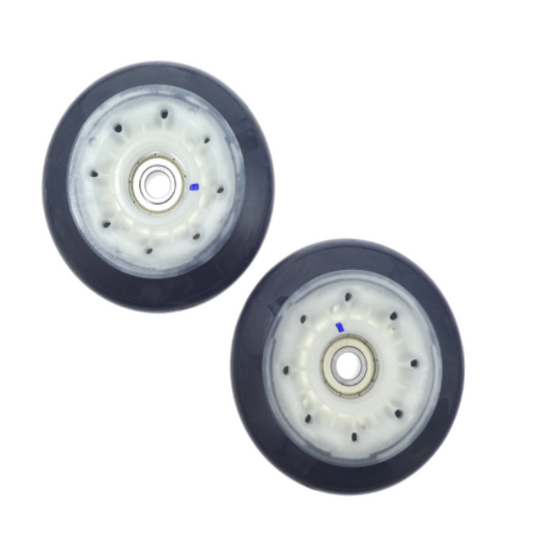 Two black wheels with white centers on a white background