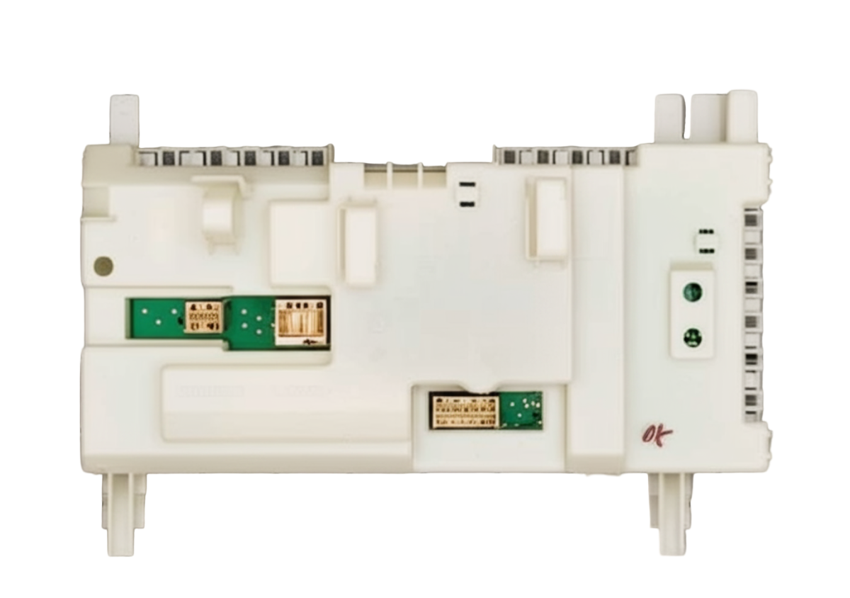 White electronic module with green connectors on a grid background